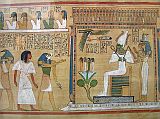 British Museum Top 20 18 Book of the Dead of Hunefer 18. Book of the Dead of Hunefer - The judgment of the dead in the presence of Osiris, Thebes Egypt, around 1275BC.  After being judged as justified, Hunefer is brought into the presence of Osiris by his son Horus,. Osiris is shown seated under a canopy, with his wife Isis and sister Nephthys behind. In front of Osiris the children of Horus stand on a lotus, while at the top a row of deities supervise the judgment.